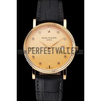 Patek Philippe Calatrava Gold Dial Diamond Hour Marks Ribbed Bezel Gold Case Black Leather Strap Replica