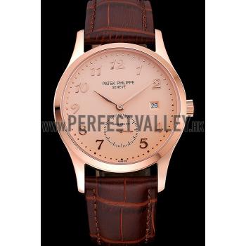 Cheap Patek Philippe Calatrava Rose Dial Rose Gold Case Brown Leather Strap  622836