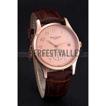 Cheap Patek Philippe Calatrava Rose Dial Rose Gold Case Brown Leather Strap  622836