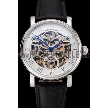 Patek Philippe Grand Complications White Skeleton Dial Stainless Steel Case Black Leather Strap 1453810 Replica