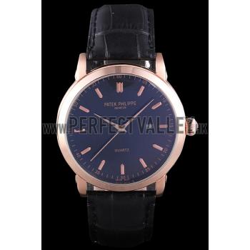 Cheap Patek Philippe Calatrava Roze Gold Polished Bezel Black Leather Bracelet 801432