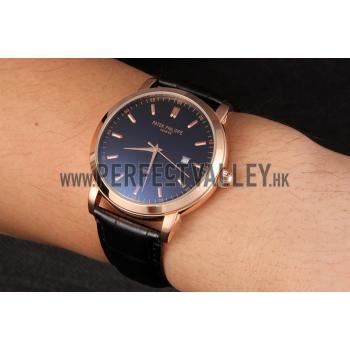 Cheap Patek Philippe Calatrava Roze Gold Polished Bezel Black Leather Bracelet 801432