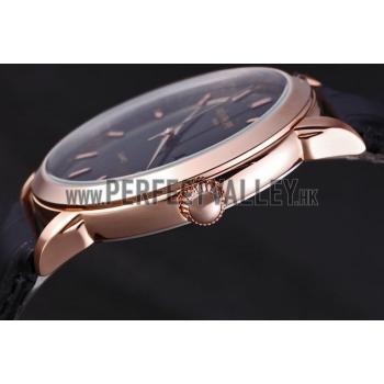 Cheap Patek Philippe Calatrava Roze Gold Polished Bezel Black Leather Bracelet 801432