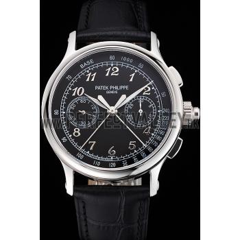 Swiss Patek Philippe Split Seconds Chronograph Black Dial Stainless Steel Case Black Leather Strap