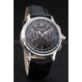 Swiss Patek Philippe Split Seconds Chronograph Black Dial Stainless Steel Case Black Leather Strap