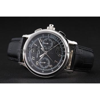 Swiss Patek Philippe Split Seconds Chronograph Black Dial Stainless Steel Case Black Leather Strap