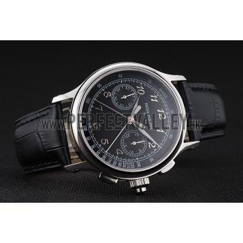 Swiss Patek Philippe Split Seconds Chronograph Black Dial Stainless Steel Case Black Leather Strap