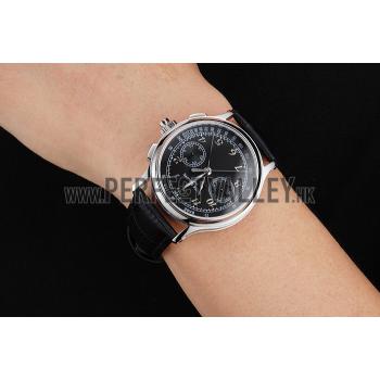 Swiss Patek Philippe Split Seconds Chronograph Black Dial Stainless Steel Case Black Leather Strap