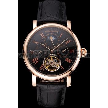 Patek Philippe Grand Complications Moonphase Perpetual Calendar Tourbillon Black Dial Rose Gold Case Black Leather Strap