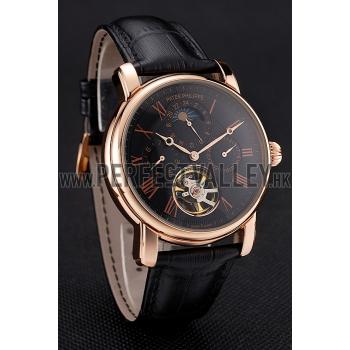 Patek Philippe Grand Complications Moonphase Perpetual Calendar Tourbillon Black Dial Rose Gold Case Black Leather Strap