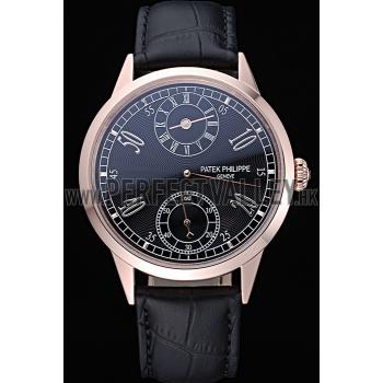 Cheap Patek Philippe Geneve Two Dial Black Dial Rose Gold Bezel Black Leather Band  622146