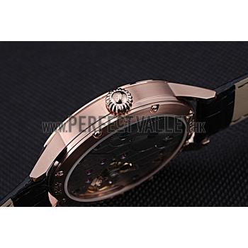 Cheap Patek Philippe Geneve Two Dial Black Dial Rose Gold Bezel Black Leather Band  622146