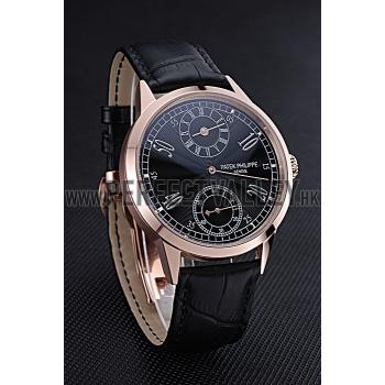 Cheap Patek Philippe Geneve Two Dial Black Dial Rose Gold Bezel Black Leather Band  622146