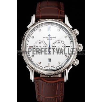 Cheap Patek Philippe Chronograph White Dial With Diamonds Stainless Steel Case Brown Leather Strap