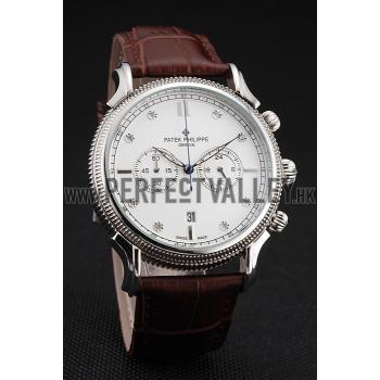 Cheap Patek Philippe Chronograph White Dial With Diamonds Stainless Steel Case Brown Leather Strap