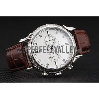 Cheap Patek Philippe Chronograph White Dial With Diamonds Stainless Steel Case Brown Leather Strap