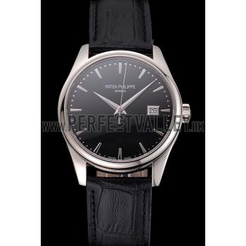 Swiss Patek Philippe Calatrava Black Dial Stainless Steel Case Black Leather Strap