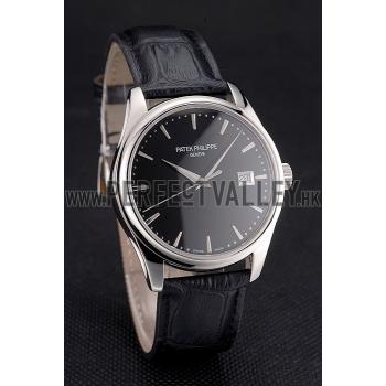 Swiss Patek Philippe Calatrava Black Dial Stainless Steel Case Black Leather Strap