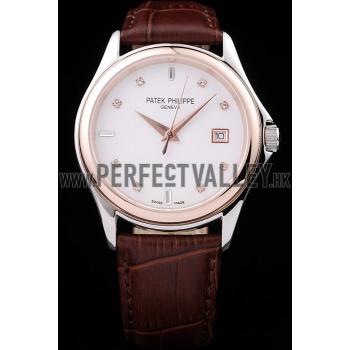 Patek Philippe Geneve Calatrava Crystal Studded Hour Marker White Dial Brown Leather Strap