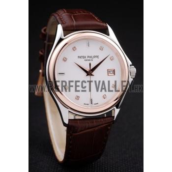 Patek Philippe Geneve Calatrava Crystal Studded Hour Marker White Dial Brown Leather Strap