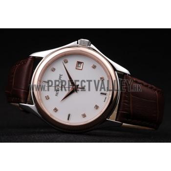 Patek Philippe Geneve Calatrava Crystal Studded Hour Marker White Dial Brown Leather Strap