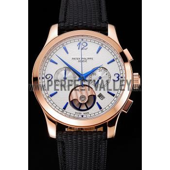 Patek Philippe Chronograph White Guilloche Dial Rose Gold Case Black Leather Strap