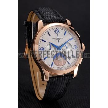 Patek Philippe Chronograph White Guilloche Dial Rose Gold Case Black Leather Strap