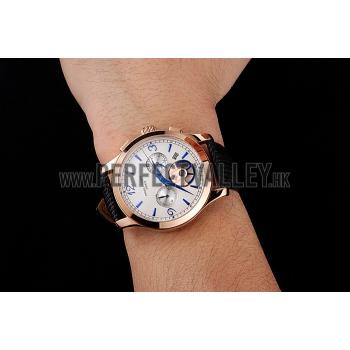 Patek Philippe Chronograph White Guilloche Dial Rose Gold Case Black Leather Strap