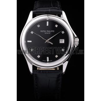 Patek Philippe Geneve Calatrava Crystal Studded Hour Marker Black Dial Black Leather Strap 98170