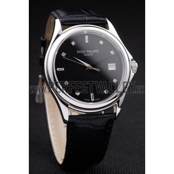 Patek Philippe Geneve Calatrava Crystal Studded Hour Marker Black Dial Black Leather Strap 98170