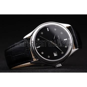 Patek Philippe Geneve Calatrava Crystal Studded Hour Marker Black Dial Black Leather Strap 98170