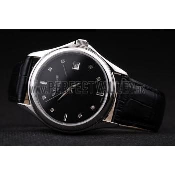 Patek Philippe Geneve Calatrava Crystal Studded Hour Marker Black Dial Black Leather Strap 98170