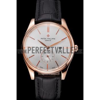 Patek Philippe Calatrava Date White Dial Rose Gold Case Black Leather Strap