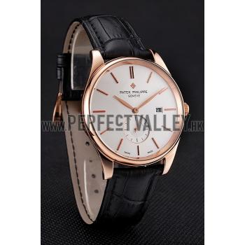 Patek Philippe Calatrava Date White Dial Rose Gold Case Black Leather Strap