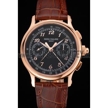 Swiss Patek Philippe Split Seconds Chronograph Black Dial Rose Gold Case Brown Leather Strap