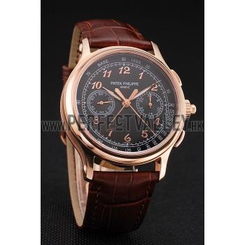 Swiss Patek Philippe Split Seconds Chronograph Black Dial Rose Gold Case Brown Leather Strap