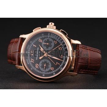 Swiss Patek Philippe Split Seconds Chronograph Black Dial Rose Gold Case Brown Leather Strap