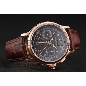 Swiss Patek Philippe Split Seconds Chronograph Black Dial Rose Gold Case Brown Leather Strap