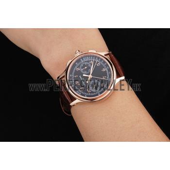 Swiss Patek Philippe Split Seconds Chronograph Black Dial Rose Gold Case Brown Leather Strap