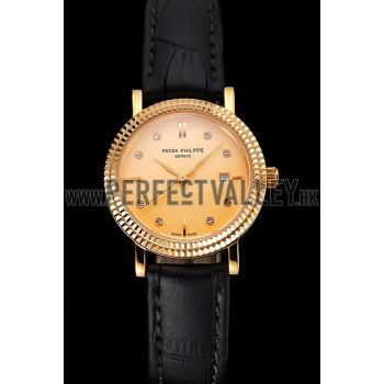 Patek Philippe Calatrava Gold Dial Dimond Hour Marks Double Ribbed Bezel Gold Case Black Leather Strap