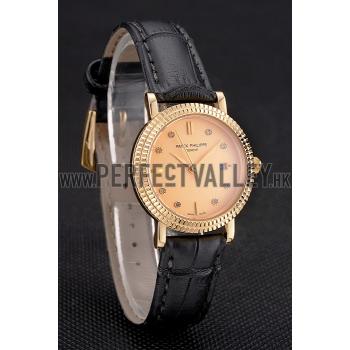 Patek Philippe Calatrava Gold Dial Dimond Hour Marks Double Ribbed Bezel Gold Case Black Leather Strap