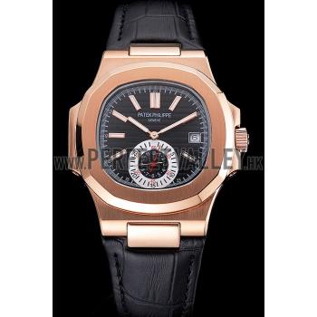 Patek Philippe Nautilus Black Dial Rose Gold Case Black Leather Strap