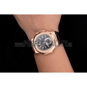 Patek Philippe Nautilus Black Dial Rose Gold Case Black Leather Strap