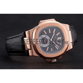 Patek Philippe Nautilus Black Dial Rose Gold Case Black Leather Strap