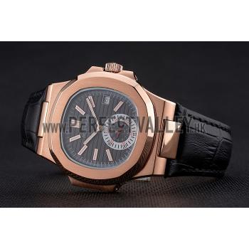 Patek Philippe Nautilus Black Dial Rose Gold Case Black Leather Strap