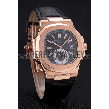 Patek Philippe Nautilus Black Dial Rose Gold Case Black Leather Strap