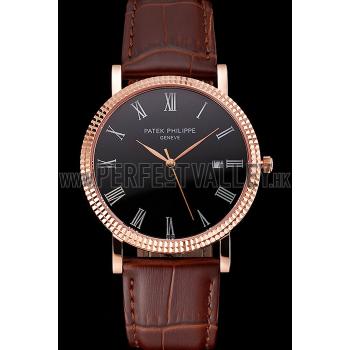 Patek Philippe Calatrava Black Dial Roman Numerals Ribbed Bezel Rose Gold Case Brown Leather Strap