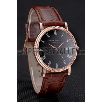 Patek Philippe Calatrava Black Dial Roman Numerals Ribbed Bezel Rose Gold Case Brown Leather Strap