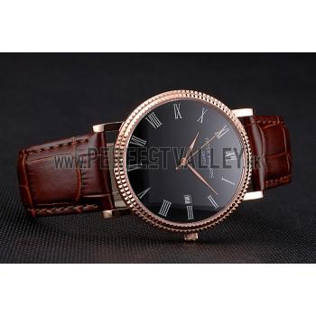 Patek Philippe Calatrava Black Dial Roman Numerals Ribbed Bezel Rose Gold Case Brown Leather Strap