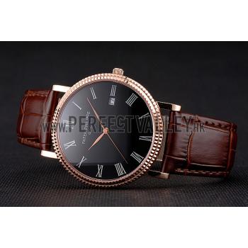 Patek Philippe Calatrava Black Dial Roman Numerals Ribbed Bezel Rose Gold Case Brown Leather Strap